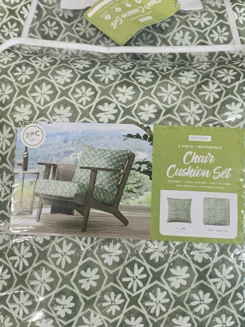 Envogue Green Floral Reversible Chair Cushion Set 2pc Outdoor Indoor Pillow